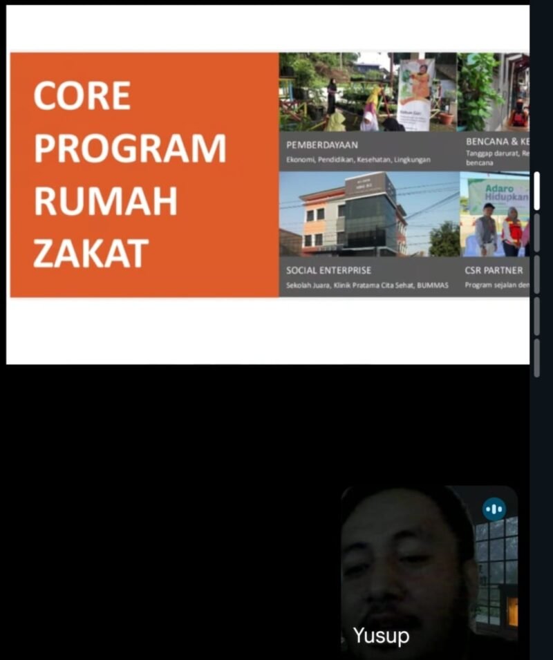 Yusuf Siranda M. Nur, Representative Manager Rumah Zakat Jayapura menyampaikan visi, misi dan program Rumah Zakit secara daring dihadapan calon Relawan Rumah Zakat yang tersebar di beberapa kota seperti Jayapura, Fakfak, Sorong dan Merauke.