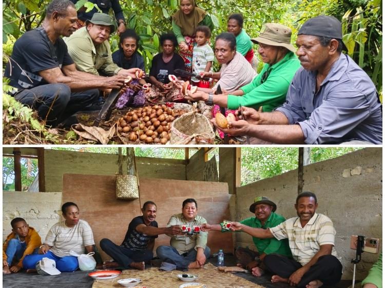 Plt. Kepala Dinas Perkebunan Fakfak Widhi Asmoro Jati bersama keluarga Hombore melaksanakan prosesi adat Meri totora sebelum dilakukan panen pala, sebagai ritual penghormatan kepada Pala Tomandin.