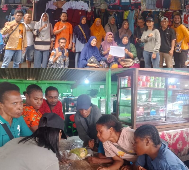 Foto. Beberapa Mahasiswa dari berbagai organisasi yang tergabung dalam organisasi kepemudaan kelompok Cipayung kabupaten Fakfak melakukan pendataan pedagang korban kebakaran di 2019 yang belum mendapat lokasi di plaza tambaruni.